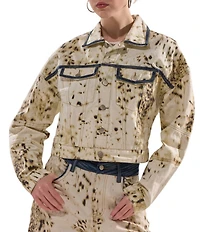 Azalea Wang Santana Cow Print Notch Collar Cropped Denim Jacket