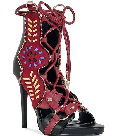 Azalea Wang Shainia Colorblock Boho Lace Up Back Zip Bootie Sandals