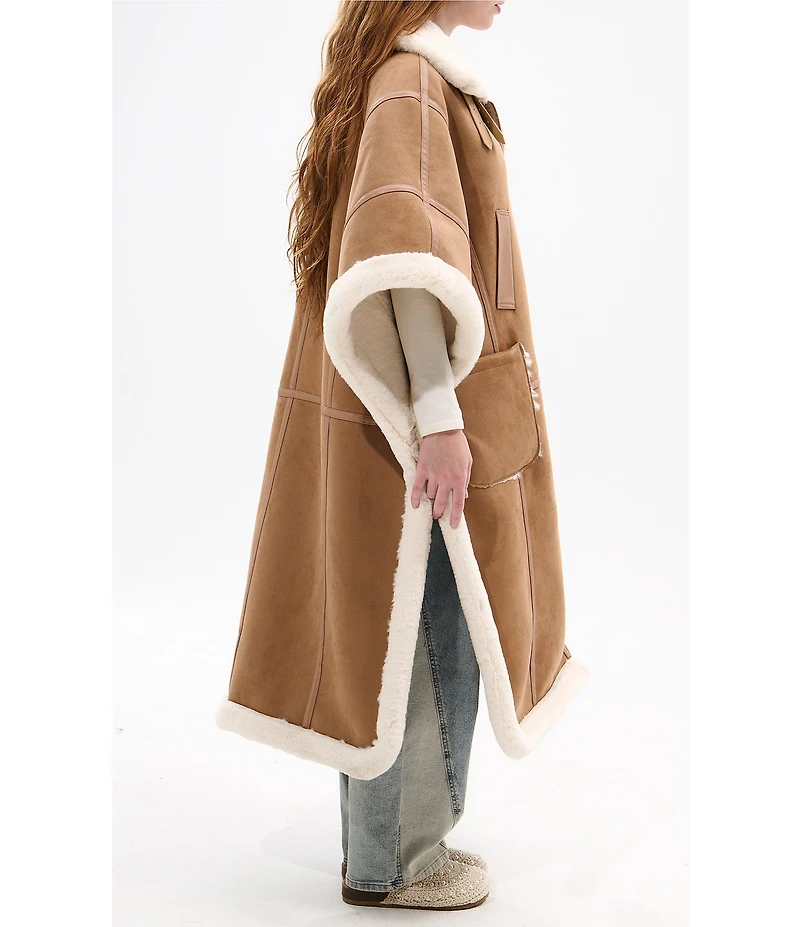 Azalea Wang Shearling Faux Fur Collared Long Poncho