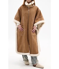 Azalea Wang Shearling Faux Fur Collared Long Poncho