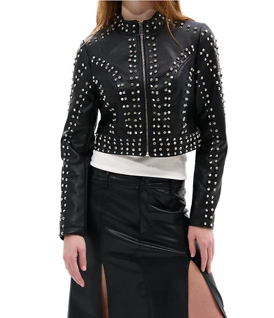 Azalea Wang Silvia Studded Stand Collar Zip Front Moto Jacket
