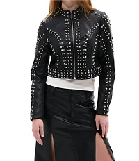 Azalea Wang Silvia Studded Stand Collar Zip Front Moto Jacket