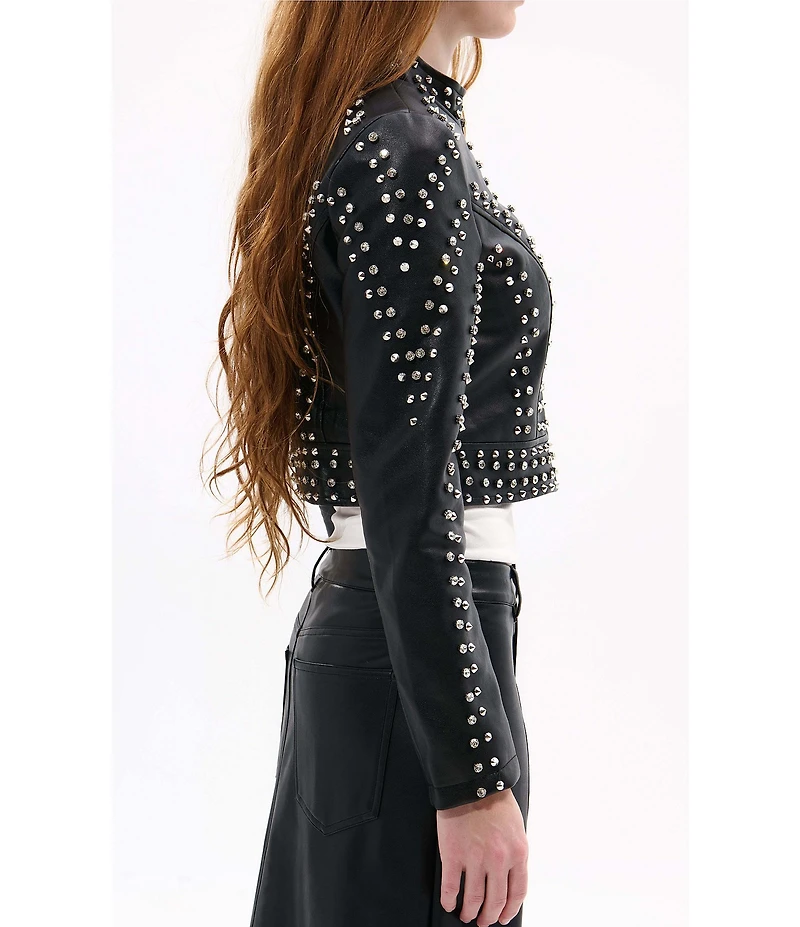 Azalea Wang Silvia Studded Stand Collar Zip Front Moto Jacket