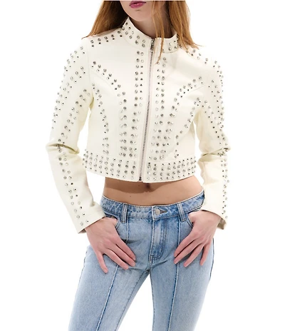 Azalea Wang Silvia Studded Stand Collar Zip Front Moto Jacket