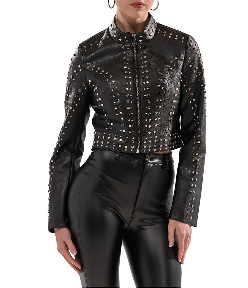 Azalea Wang Silvina Studded Stand Collar Fitted Moto Crop Jacket