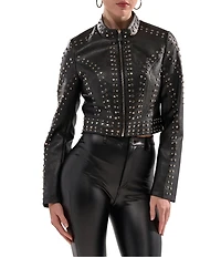 Azalea Wang Silvina Studded Stand Collar Fitted Moto Crop Jacket
