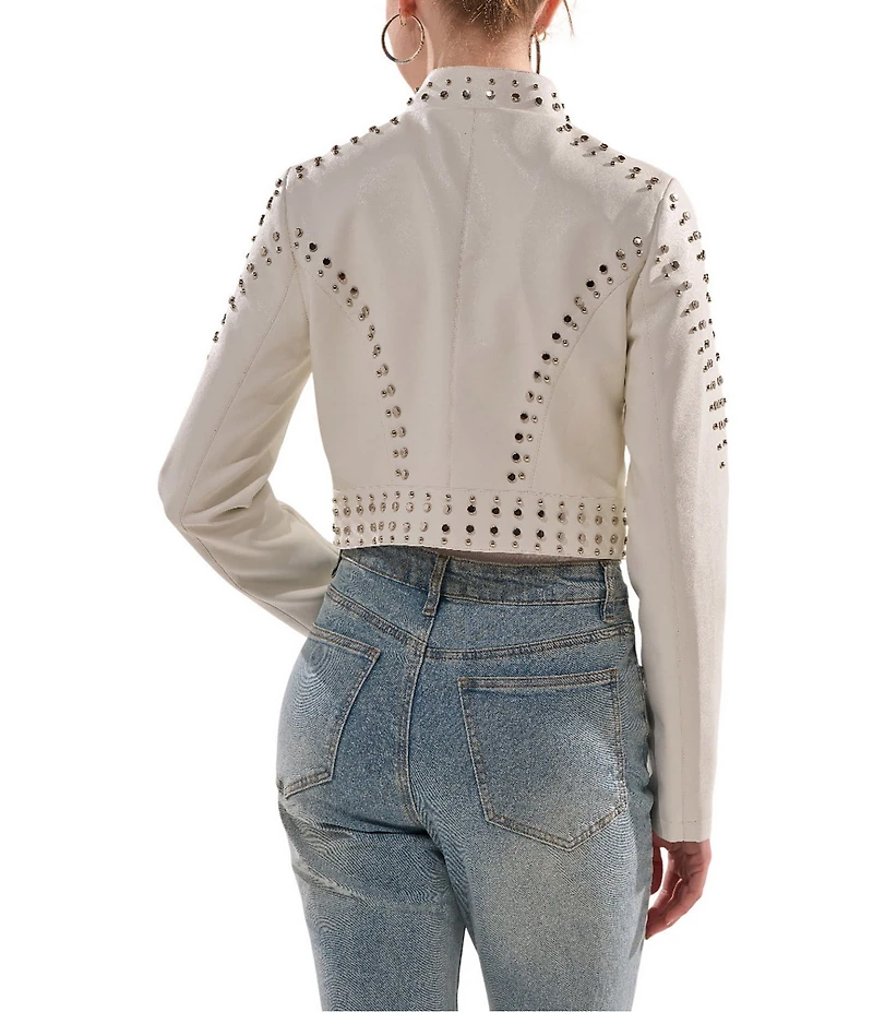 Azalea Wang Silvina Studded Stand Collar Fitted Moto Crop Jacket
