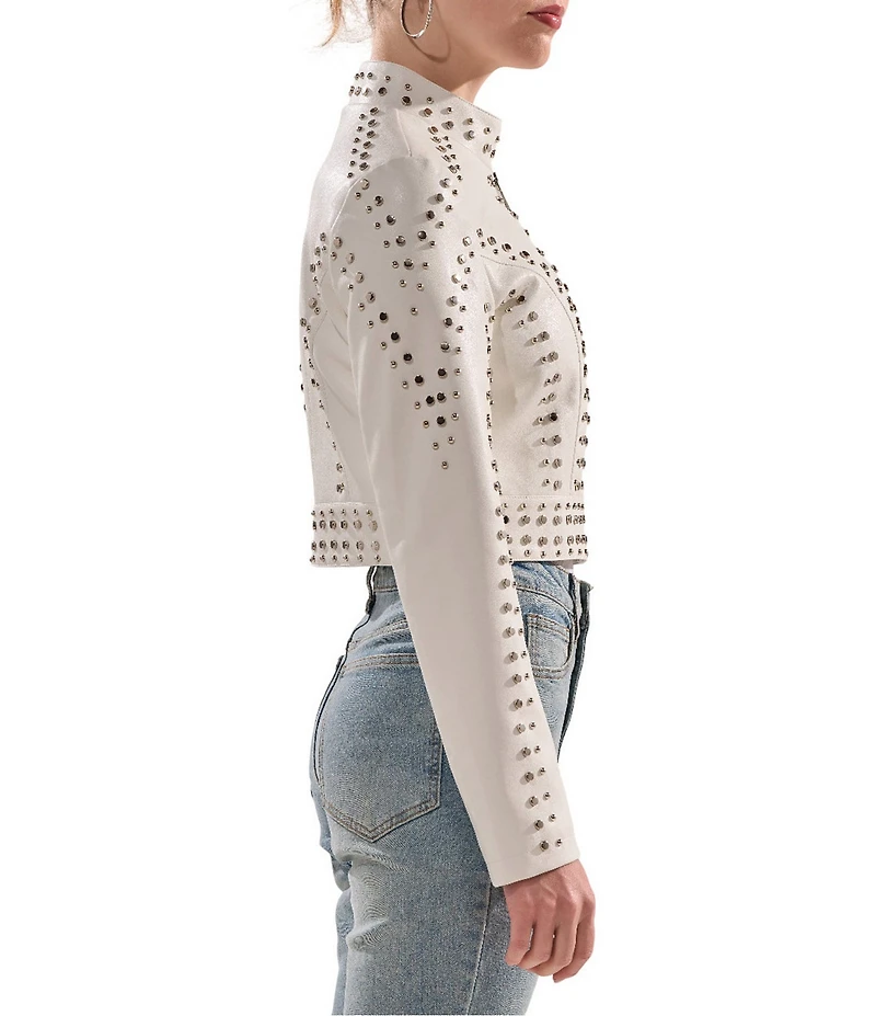 Azalea Wang Silvina Studded Stand Collar Fitted Moto Crop Jacket