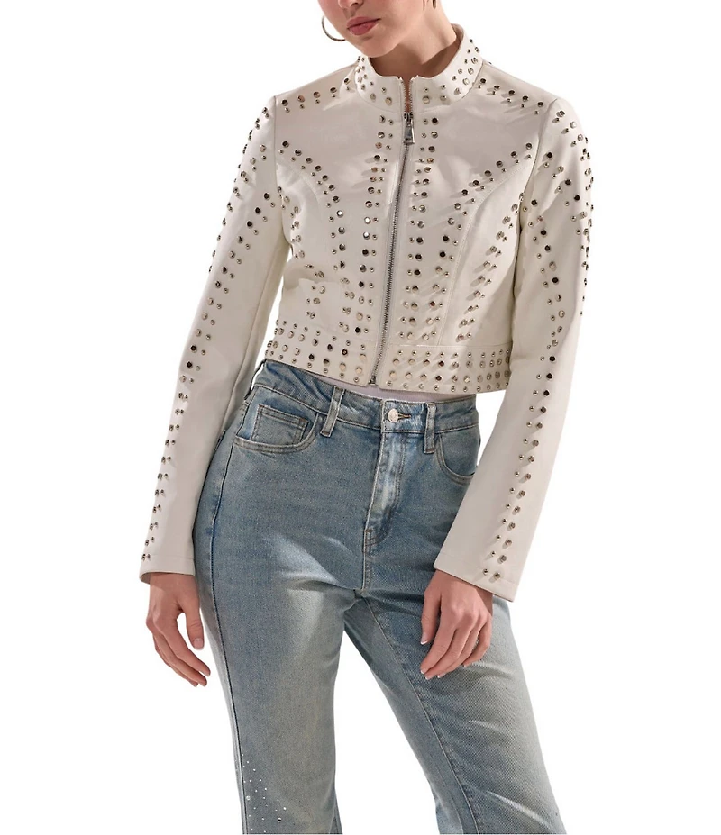 Azalea Wang Silvina Studded Stand Collar Fitted Moto Crop Jacket