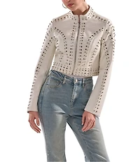Azalea Wang Silvina Studded Stand Collar Fitted Moto Crop Jacket