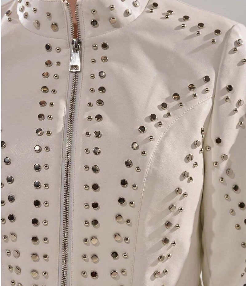 Azalea Wang Silvina Studded Stand Collar Fitted Moto Crop Jacket