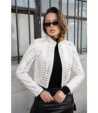 Azalea Wang Silvina Studded Stand Collar Fitted Moto Crop Jacket