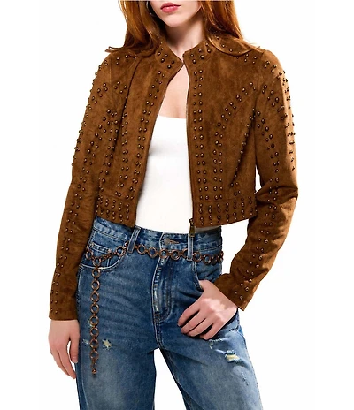 Azalea Wang Silza-Brown Faux Suede Leather Stand Collar Rivet Cropped Moto Jacket