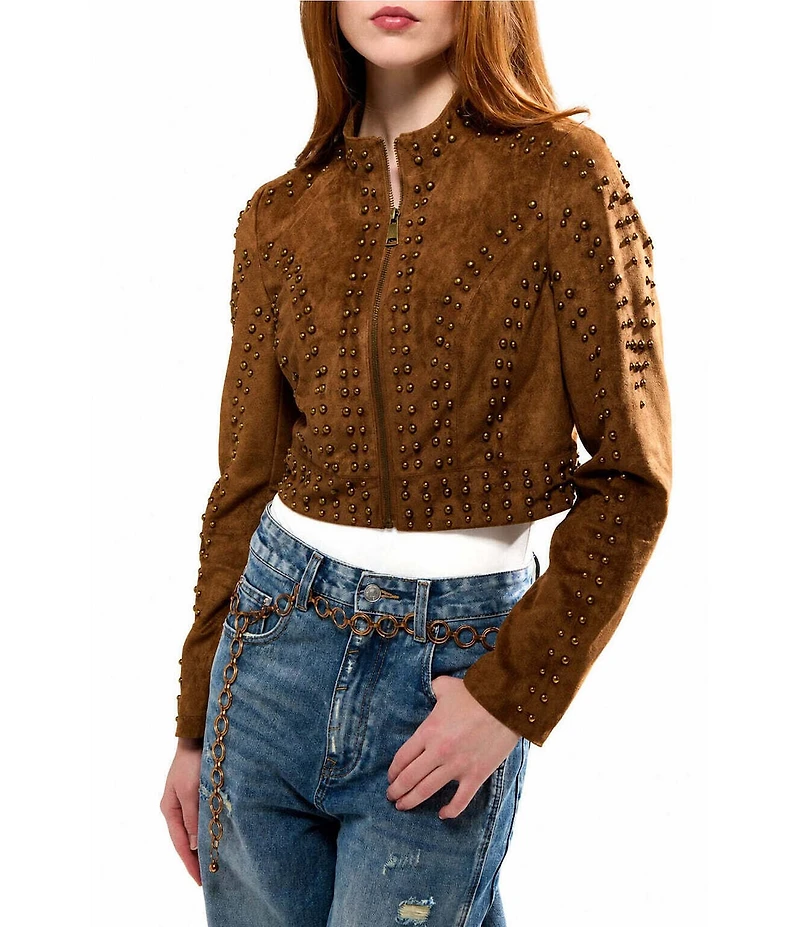 Azalea Wang Silza-Brown Faux Suede Leather Stand Collar Rivet Cropped Moto Jacket