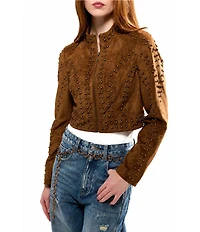 Azalea Wang Silza-Brown Faux Suede Leather Stand Collar Rivet Cropped Moto Jacket