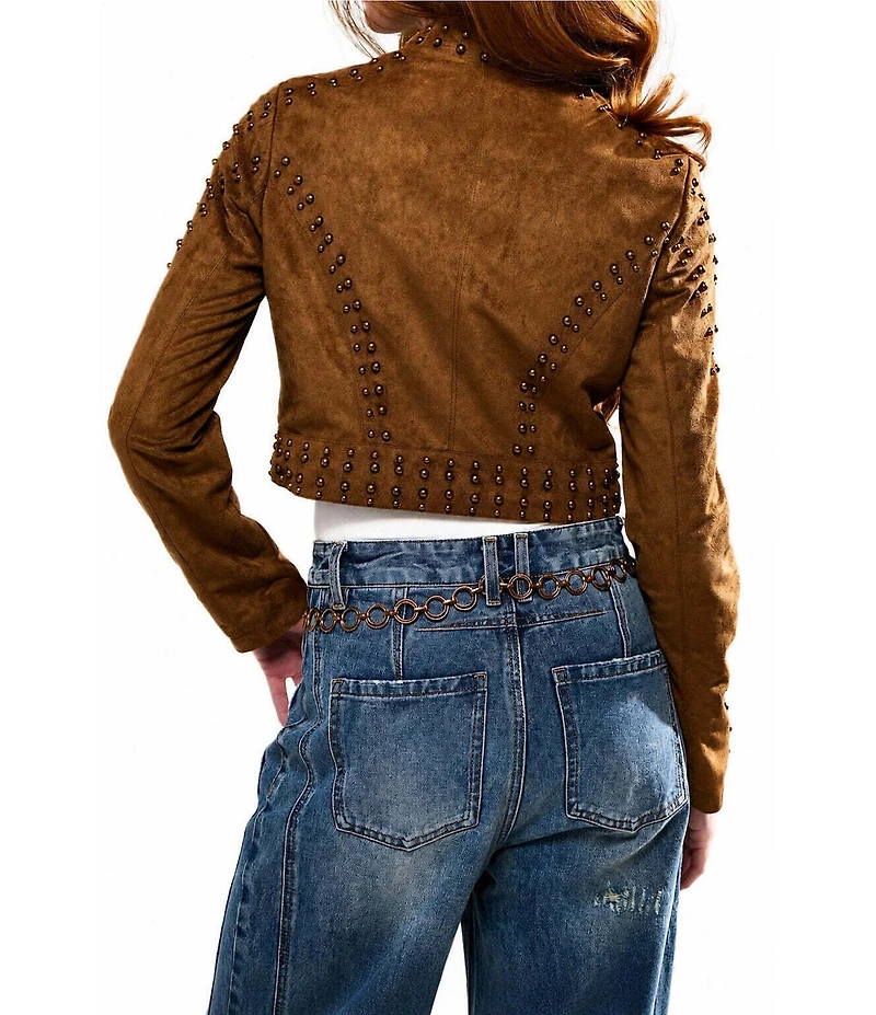 Azalea Wang Silza-Brown Faux Suede Leather Stand Collar Rivet Cropped Moto Jacket