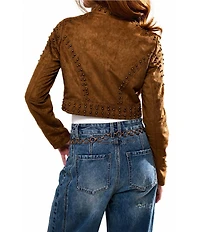 Azalea Wang Silza-Brown Faux Suede Leather Stand Collar Rivet Cropped Moto Jacket