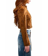 Azalea Wang Silza-Brown Faux Suede Leather Stand Collar Rivet Cropped Moto Jacket