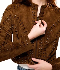 Azalea Wang Silza-Brown Faux Suede Leather Stand Collar Rivet Cropped Moto Jacket