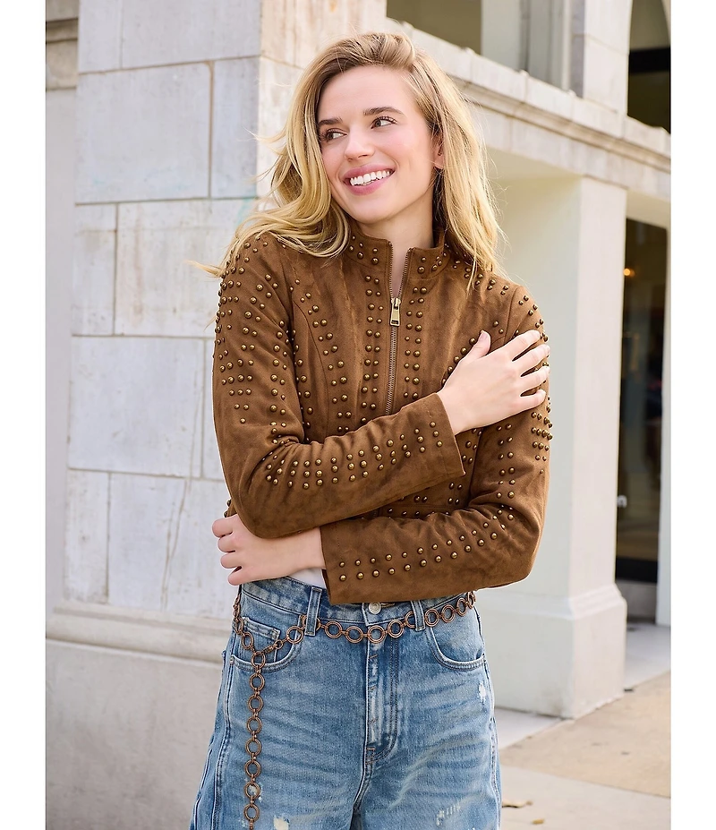 Azalea Wang Silza Faux Suede Leather Stand Collar Rivet Cropped Moto Jacket