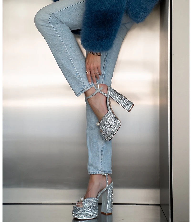 Azalea Wang SomethingBlue Pearl and Rhinestone Ornamented Platform Dress Sandals