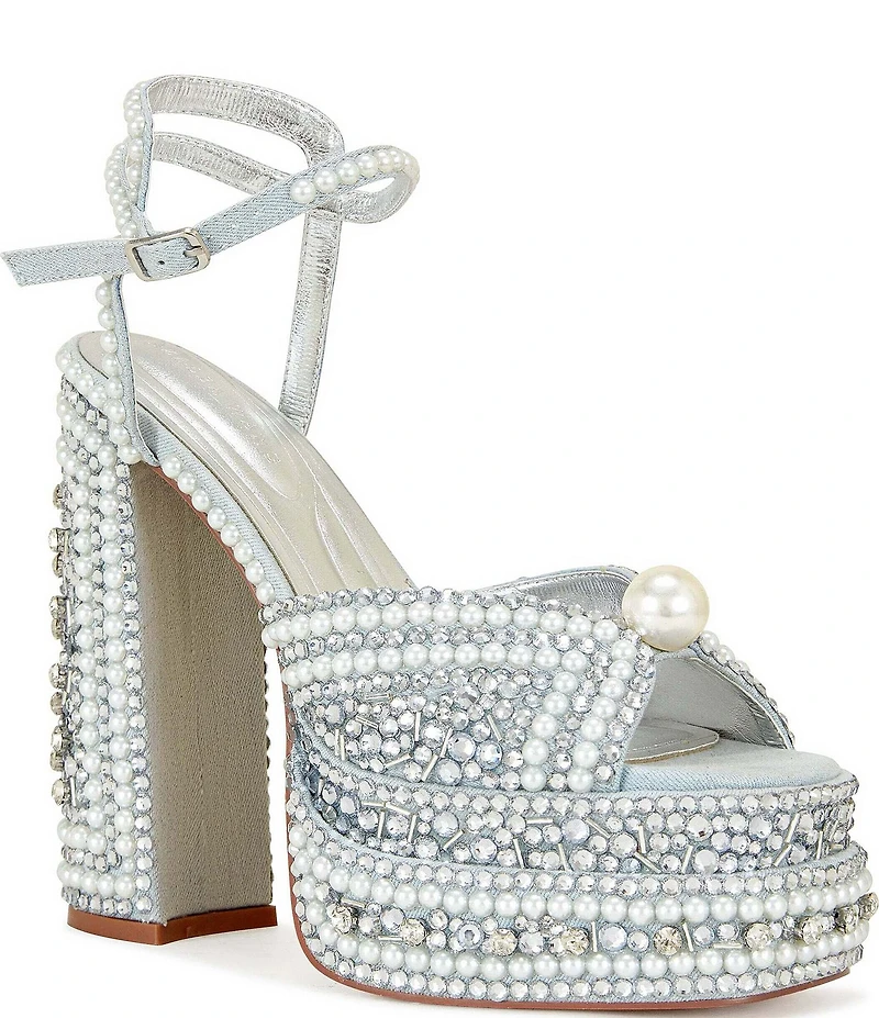 Azalea Wang SomethingBlue Pearl and Rhinestone Ornamented Platform Dress Sandals