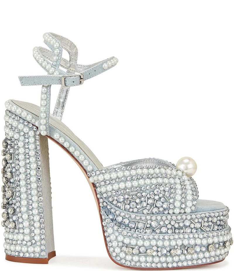 Azalea Wang SomethingBlue Pearl and Rhinestone Ornamented Platform Dress Sandals