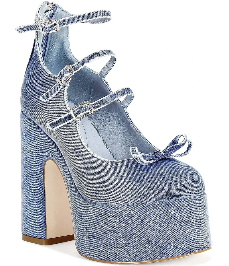 Azalea Wang Sprout Denim Bow Ankle Warap Platform Block Heel Mary Jane Pumps