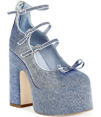 Azalea Wang Sprout Denim Bow Ankle Warap Platform Block Heel Mary Jane Pumps