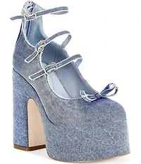 Azalea Wang Sprout Denim Bow Ankle Warap Platform Block Heel Mary Jane Pumps