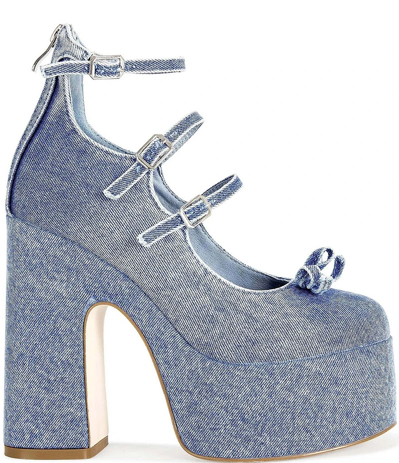 Azalea Wang Sprout Denim Bow Ankle Warap Platform Block Heel Mary Jane Pumps