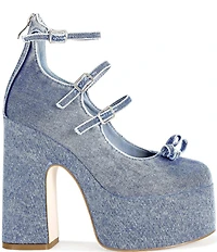 Azalea Wang Sprout Denim Bow Ankle Warap Platform Block Heel Mary Jane Pumps