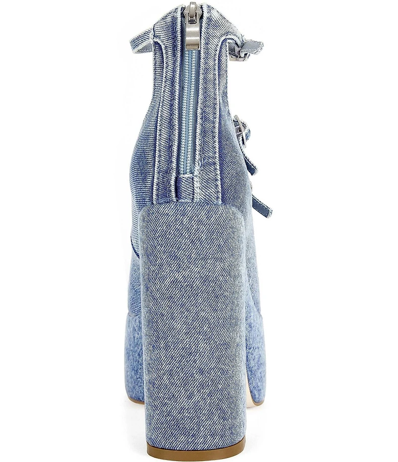 Azalea Wang Sprout Denim Bow Ankle Warap Platform Block Heel Mary Jane Pumps