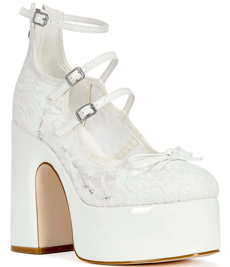 Azalea Wang Sprout Lace Platform Block Heel Ankle Strap Mary Jane Bow Pumps