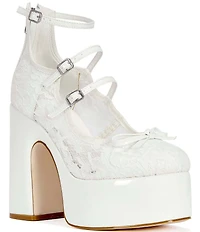 Azalea Wang Sprout Lace Platform Block Heel Ankle Strap Mary Jane Bow Pumps