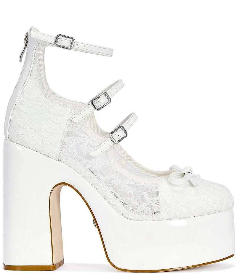 Azalea Wang Sprout Lace Platform Block Heel Ankle Strap Mary Jane Bow Pumps