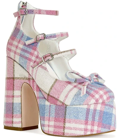Azalea Wang Sprout Plaid Mary Jane Platform Bow Pumps