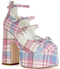Azalea Wang Sprout Plaid Mary Jane Platform Bow Pumps