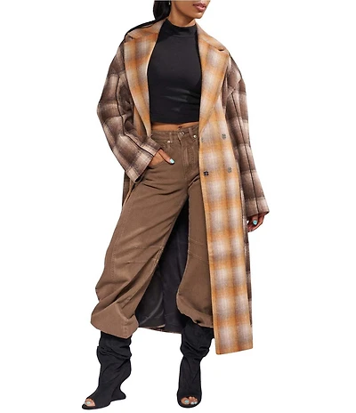 Azalea Wang Studio-Brown Plaid Print Notch Collar Button Front Trench Coat