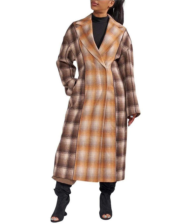 Azalea Wang Studio-Brown Plaid Print Notch Collar Button Front Trench Coat
