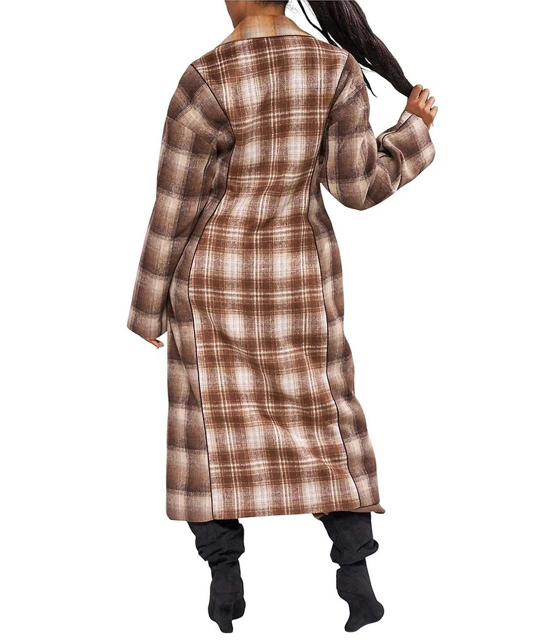 Azalea Wang Studio-Brown Plaid Print Notch Collar Button Front Trench Coat