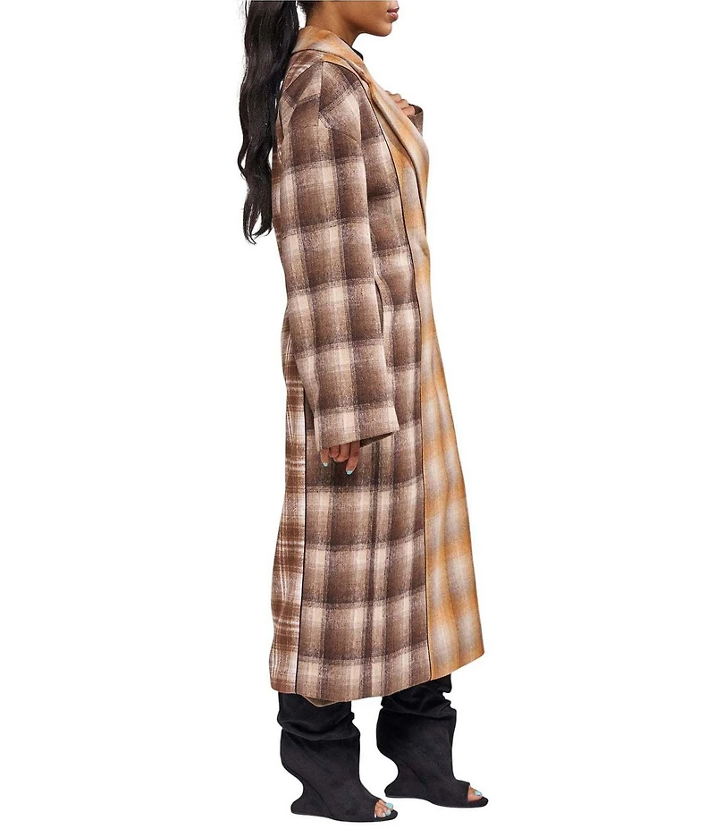 Azalea Wang Studio-Brown Plaid Print Notch Collar Button Front Trench Coat