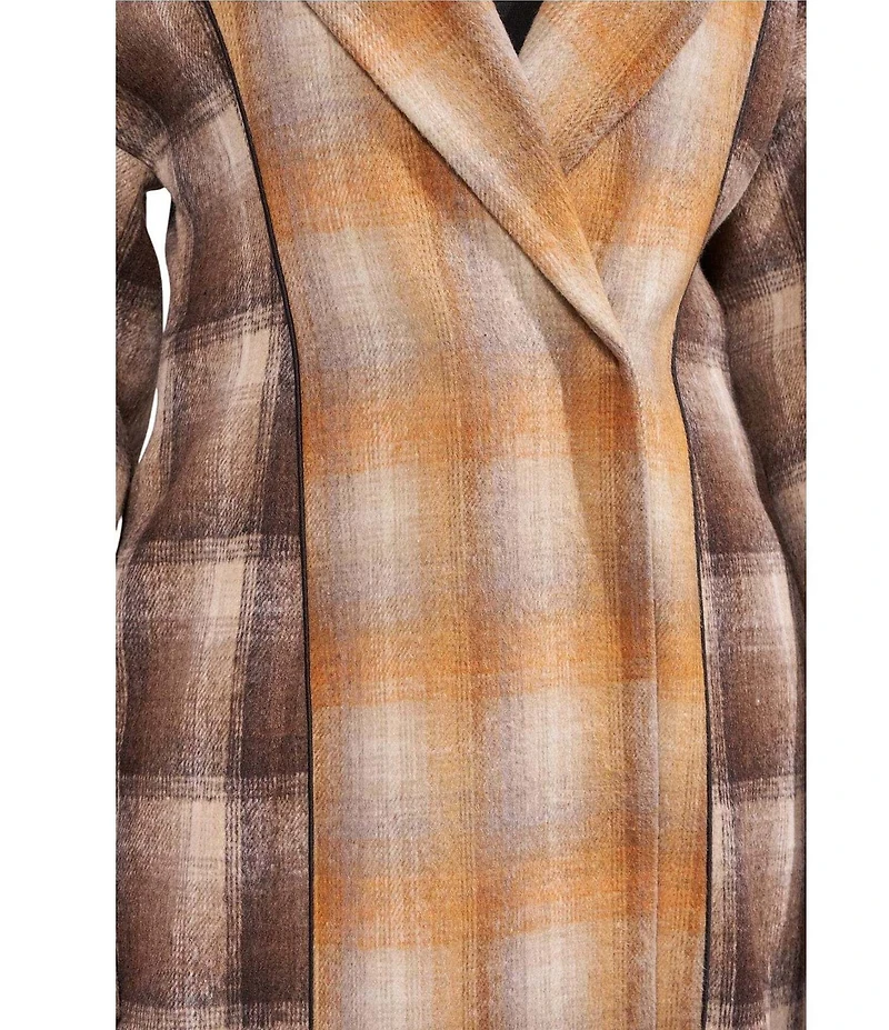 Azalea Wang Studio-Brown Plaid Print Notch Collar Button Front Trench Coat
