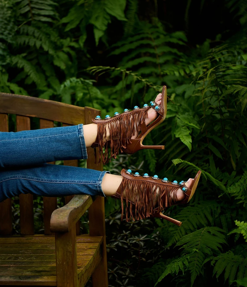 Azalea Wang Sumac Turquoise Ornamented Fringe Dress Sandals