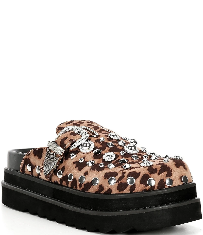 Azalea Wang Swiftly Leopard Print Stud Ornament Embellished Platform Clogs