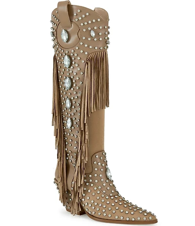Azalea Wang Tadao Stud and Jewel Ornamented Fringe Western Tall Boots