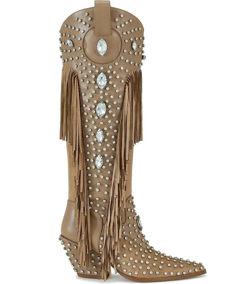 Azalea Wang Tadao Stud and Jewel Ornamented Fringe Western Tall Boots