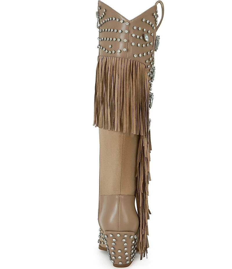 Azalea Wang Tadao Stud and Jewel Ornamented Fringe Western Tall Boots