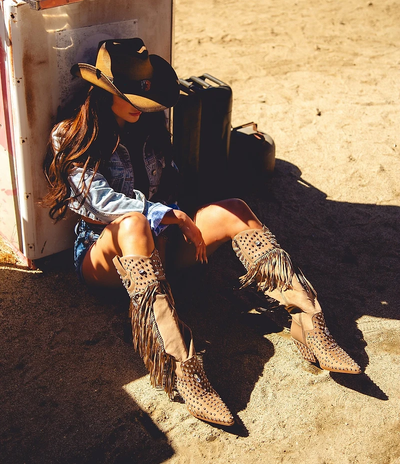 Azalea Wang Tadao Stud and Jewel Ornamented Fringe Western Tall Boots