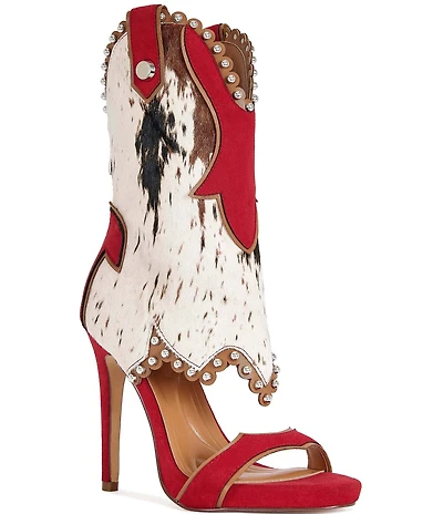 Azalea Wang Tahlie Cow Print Calf Hair Western Boot Shaft Sandals